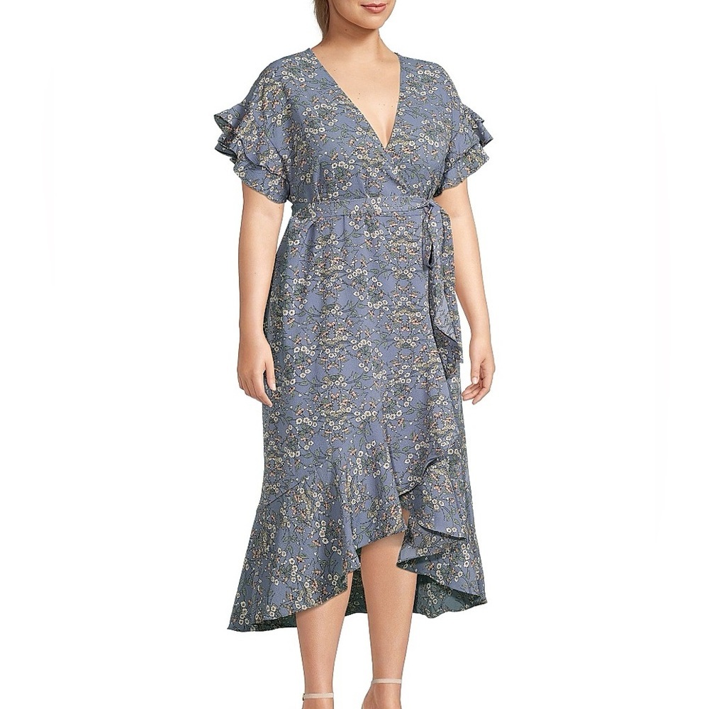 Max Studio Blue Floral Faux Wrap Midi Dress Ruffle Sleeve Plus Size 1X